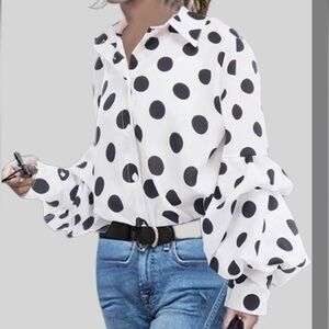 Polka Dot Ruffle Sleeve Blouse - Black and White